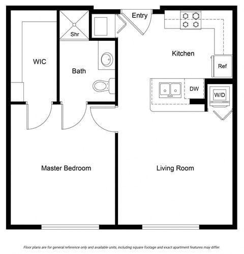 Floor plan for 1 bed, 1 bath, 574 sqft